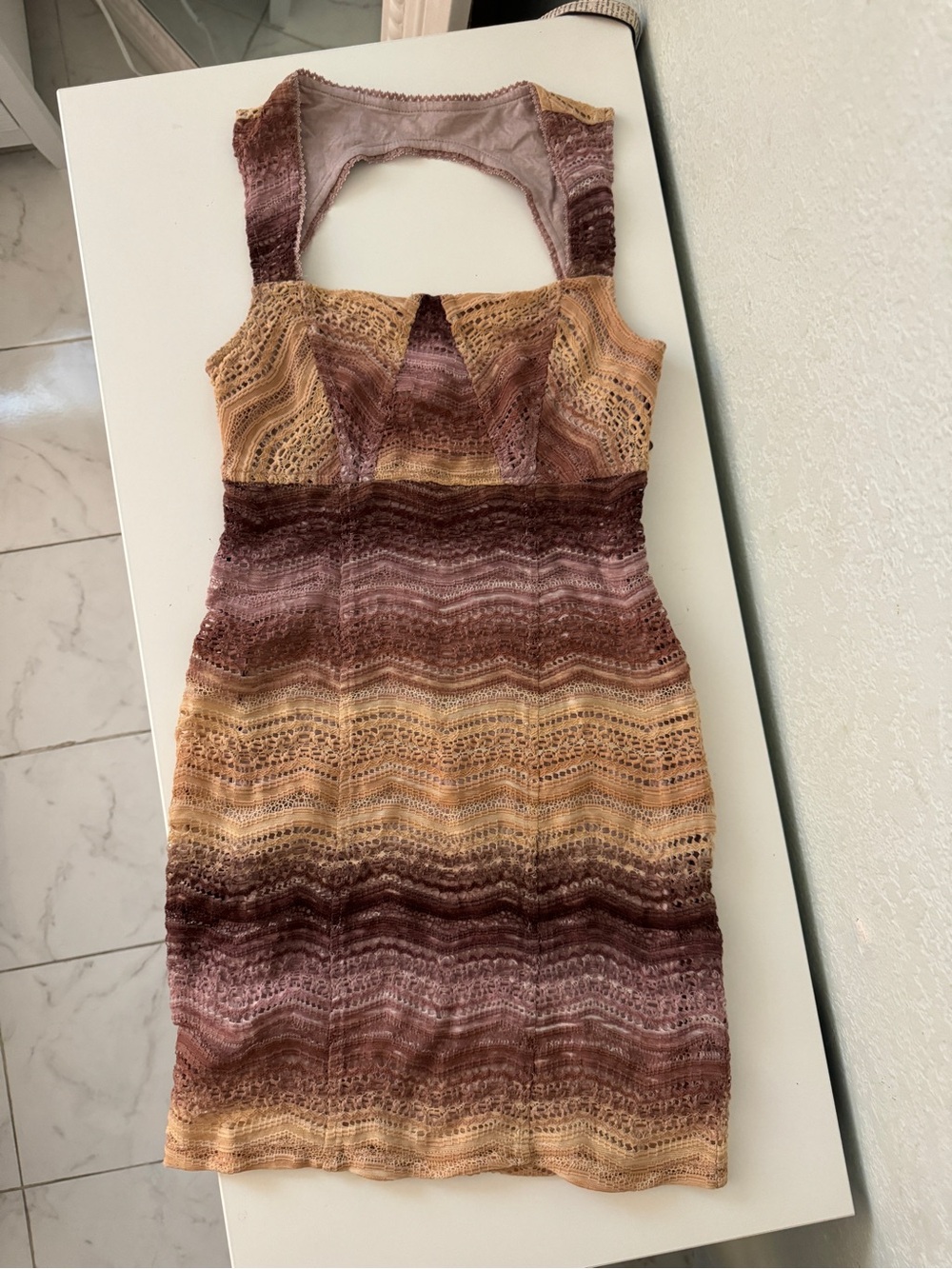 Free People Sleeveless Crochet Mini Dress in Brown & Tan